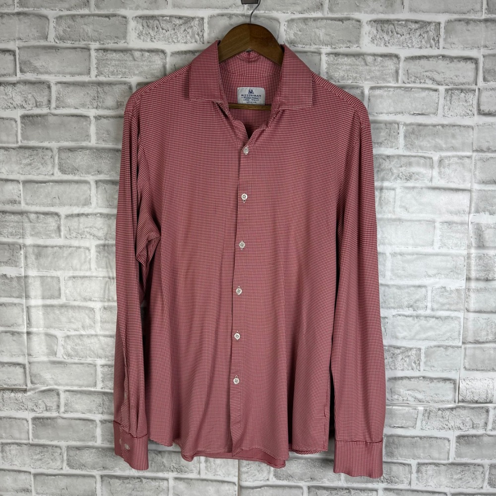 Mizzen+Main Men LARGE Trim Fit Micro Red Gingham Performance Dress Shirt Stretch